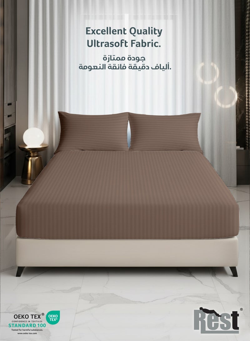 REST Stripe Fitted Sheet Set Single 90 x 190+20 cm + 2 Pillowcases 50 x 75 cm Brushed Microfiber Premium Durable Quality Deep Pocket for a Perfect Fit Shrinkage Fade Resistant Brown - Image 2